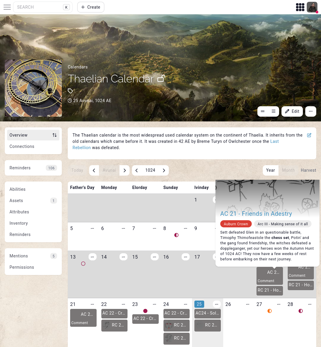 Kanka custom calendar and timeline view showing historical events across a fictional world's history